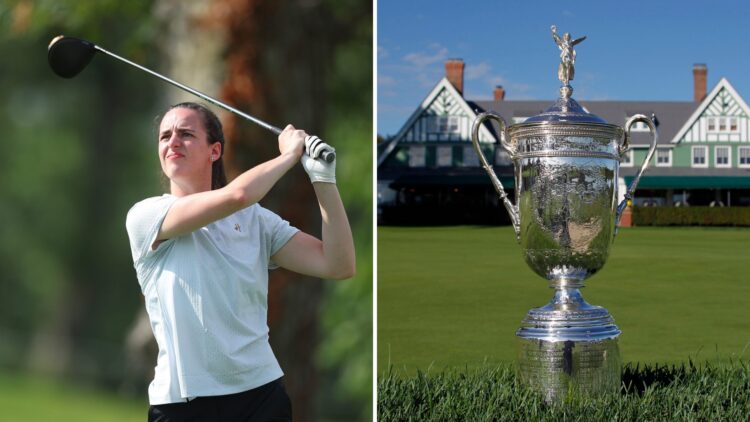 Split image of Caitlin Clark playing during the 2023 John Deere Classic Pro-Am (L) and the US Open trophy at Oakmont in 2016 (R)