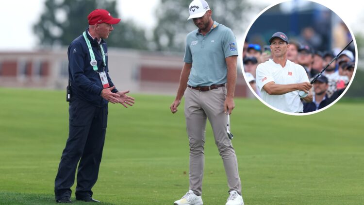 Sam Burns speaks to the rules official at the US Open with an overlay of Adam Scott