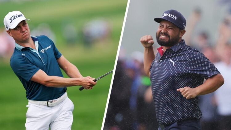 A split image of Justin Thomas and J.J. Spaun in action at the 2025 US Open at Oakmont