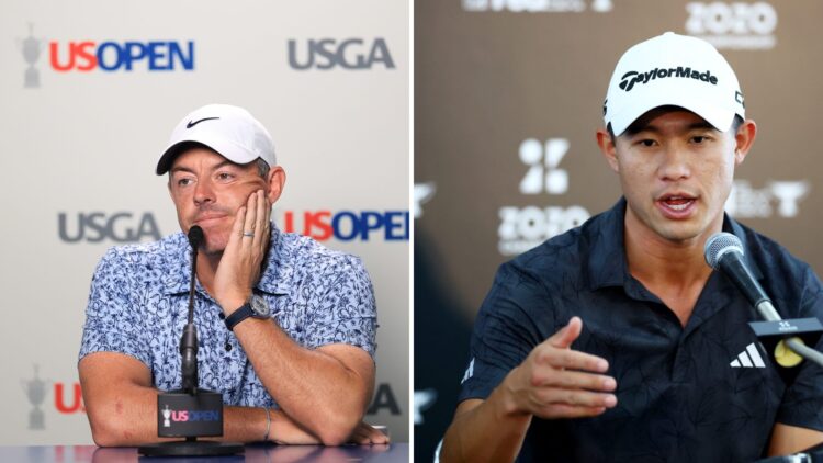 Split image of Rory McIlroy speaking to the media before the 2025 US Open (L) and Collin Morikawa speaking to the media before the 2024 ZOZO Champi...