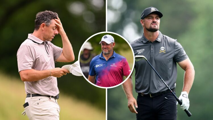 Rory McIlroy looks dejected during round three of the US Open at Oakmont / Lee Westwood walking the fairway during LIV Golf Nashville in 2024 / Bry...