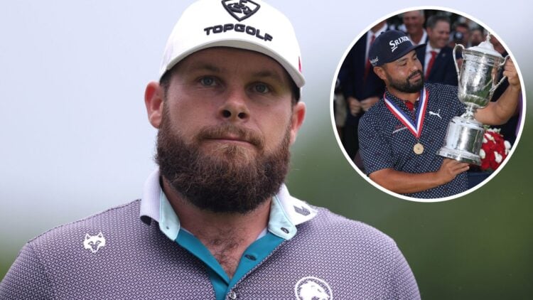 Tyrrell Hatton image, JJ Spaun with US Open trophy inset