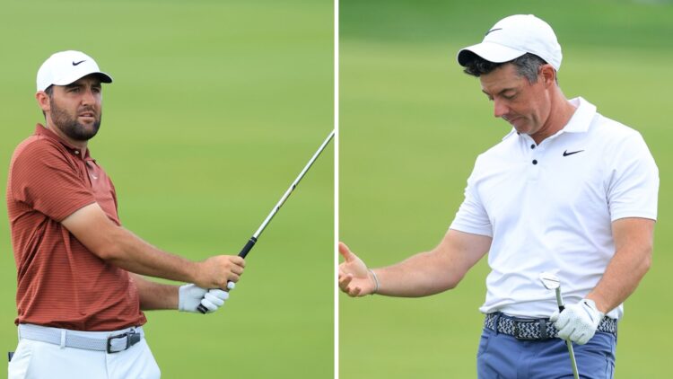 Scottie Scheffler hits an iron shot into the 18th hole at Oakmont on day three of the US Open / Rory McIlroy looks annoyed after missing a putt in ...