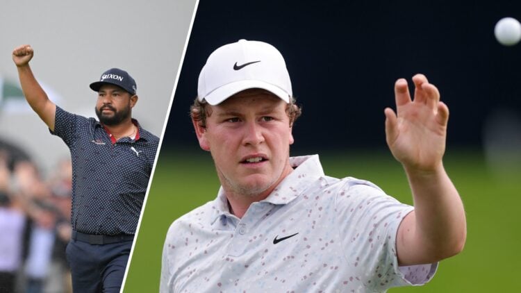 Split image of Robert MacIntyre receiving a ball during practice before the 2025 US Open (R) and J.J. Spaun celebrating winning the 2025 US Open (L)