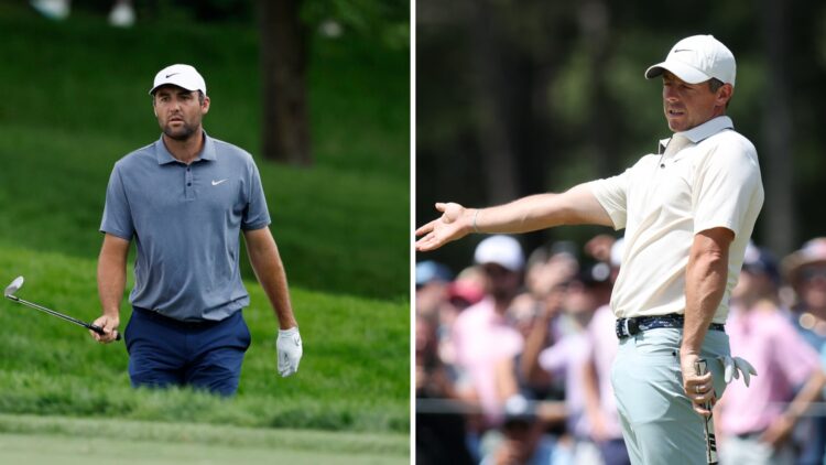 Scottie Scheffler in action at the Memorial Tournament presented by Workday - Round One / Rory McIlroy at the 2025 PGA Championship - Final Round