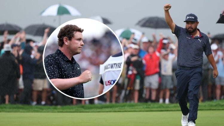 J.J. Spaun celebrates winning the 2025 US Open on the 18th green, inset Robert MacIntyre looks on at the 18th green during the 2025 US Open