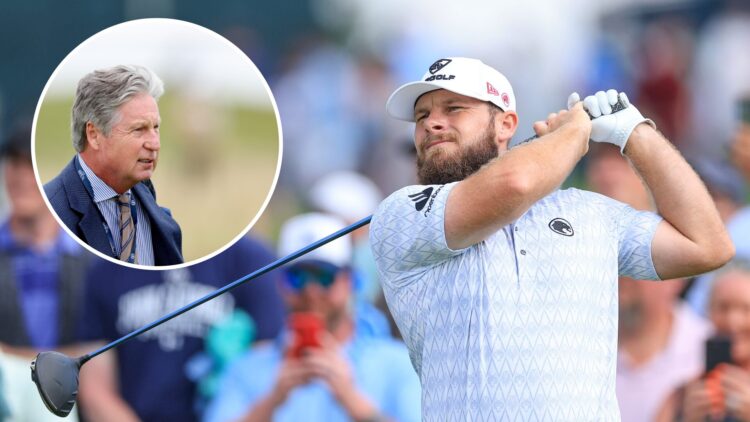 Tyrrell Hatton plays at the 2025 US Open, inset Brandel Chamblee looks on prior to The Open Championship in 2024