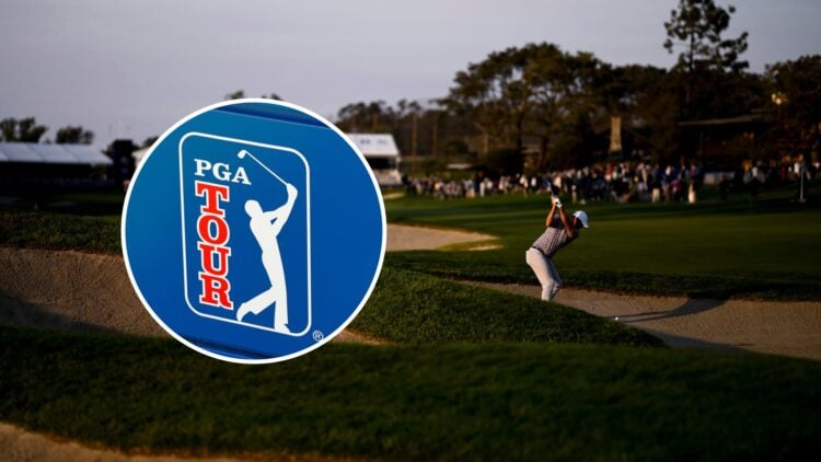 Wesley Bryan plays at the 2025 Farmers Insurance Open, inset a logo of the PGA Tour