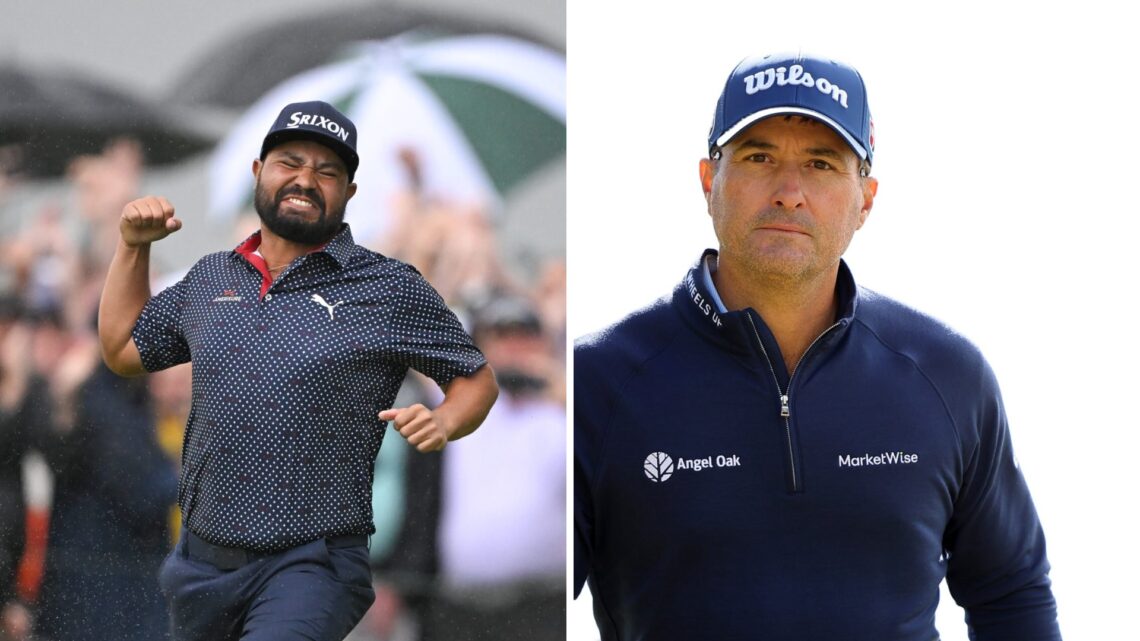J.J. Spaun celebrates winning the US Open at Oakmont / Kevin Kisner in action at the Butterfield Bermuda Championship 2024