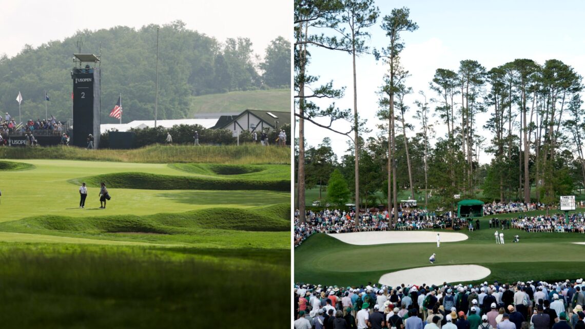 Split image of a general view of the second hole at Oakmont Country Club before the 2025 US Open (L) and Rory McIlroy lining up a putt on the 16th ...