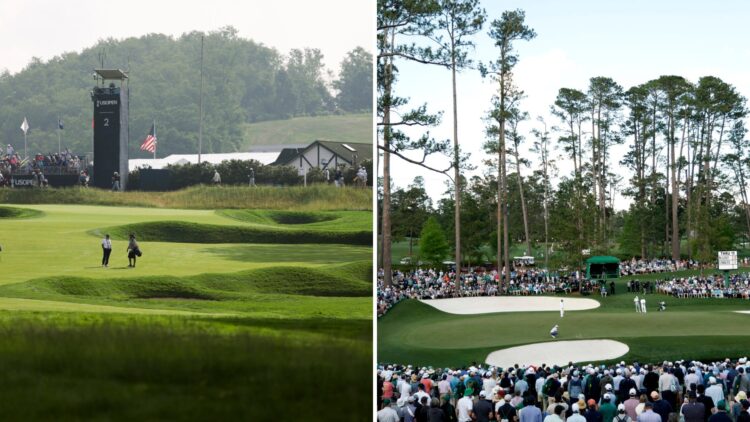 Split image of a general view of the second hole at Oakmont Country Club before the 2025 US Open (L) and Rory McIlroy lining up a putt on the 16th ...