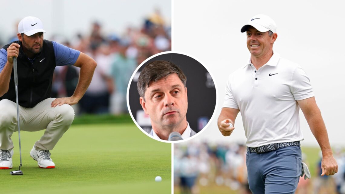 Scottie Scheffler reads a putt during the 2025 US Open at Oakmont / Rory McIlroy reacts as he walks from the first green during the US Open final r...