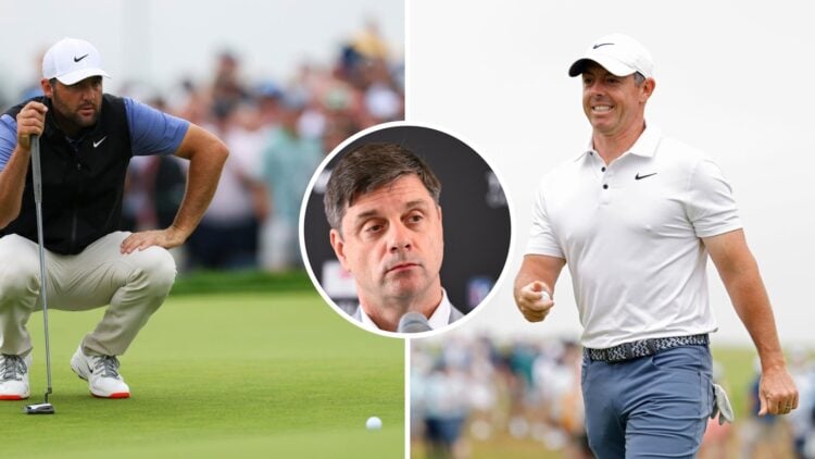 Scottie Scheffler reads a putt during the 2025 US Open at Oakmont / Rory McIlroy reacts as he walks from the first green during the US Open final r...