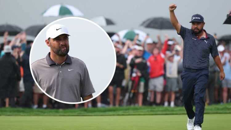 J.J. Spaun celebrates his winning putt at the US Open, inset of Scottie Scheffler