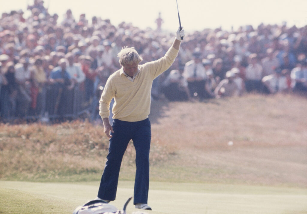 Jack Nicklaus celebrates holing a putt during the final round of The Open Championship at Turnberry in 1977