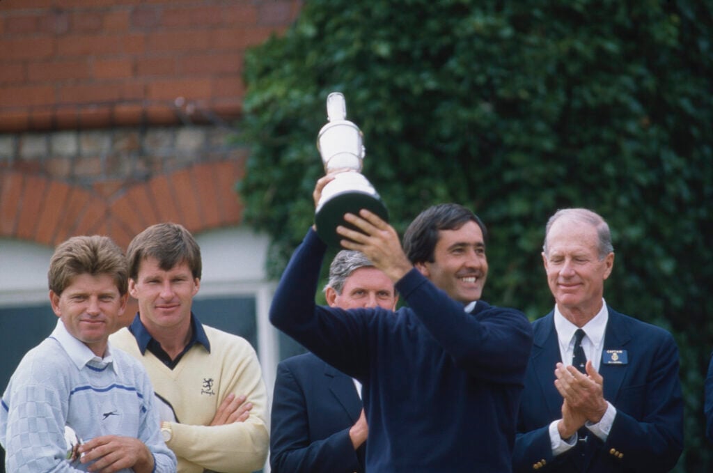 Seve Ballesteros of Spain holds aloft the Claret Jig after winning The Open Championship in 1988 at Royal Lytham & St Annes