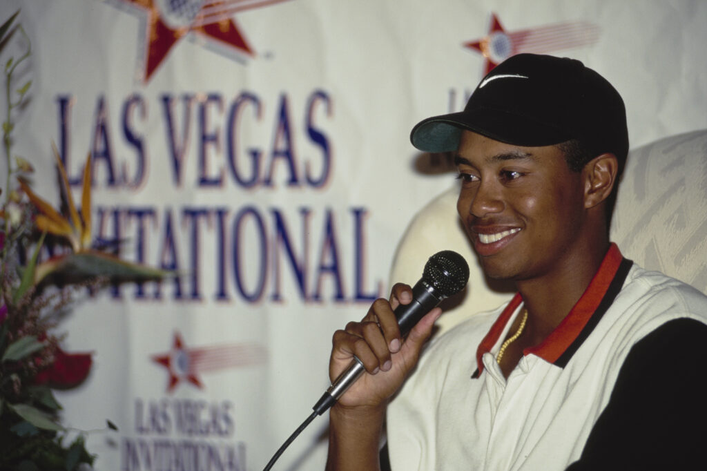 Tiger Woods speaks to the press after his first PGA Tour win in Las Vegas