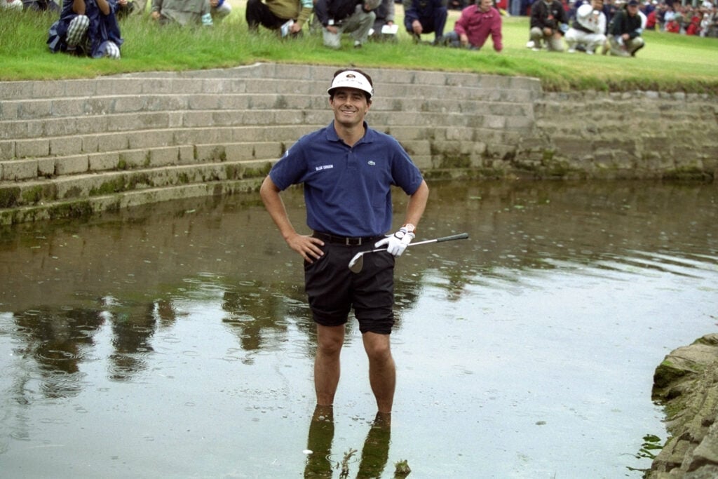 Jean Van de Velde of France still smiling despite finding the Barry Burn with his third shot on the final hole of the British Open at Carnoustie
