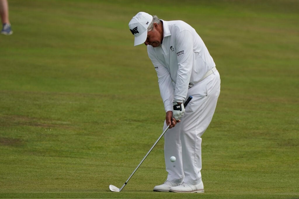 Gary Player hits a chip shot in a practice round ahead of the 2022 Senior Open Championship at Gleneagles