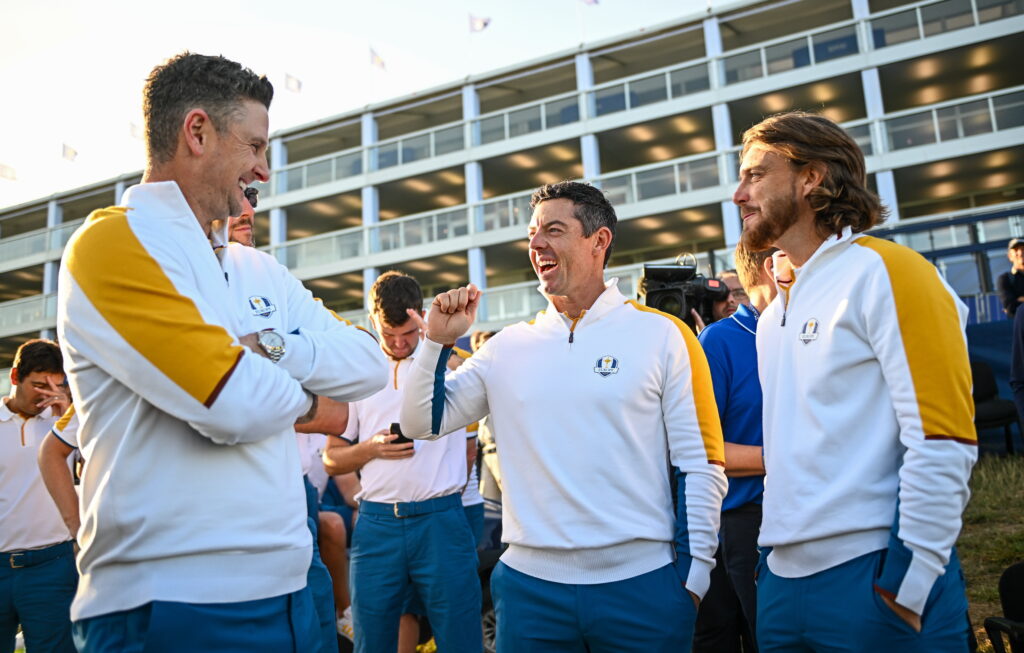 Justin Rose, Rory McIlroy and Tommy Fleetwood laugh together at the 2023 Ryder Cup