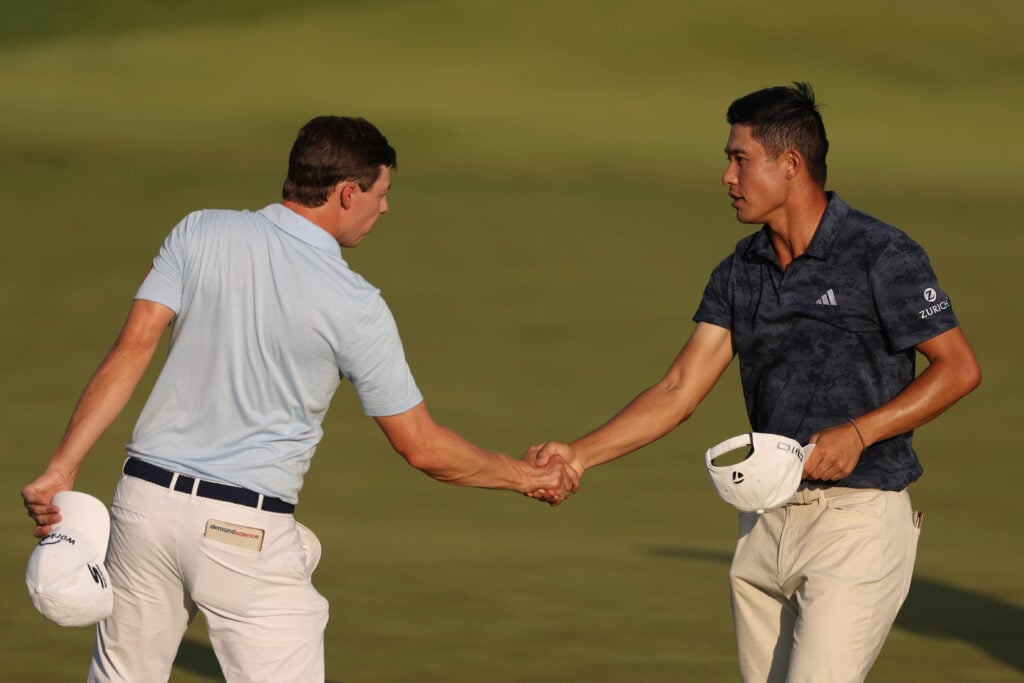 Matt Fitzpatrick shakes hands with Collin Morikawa at the 2024 PGA Championship