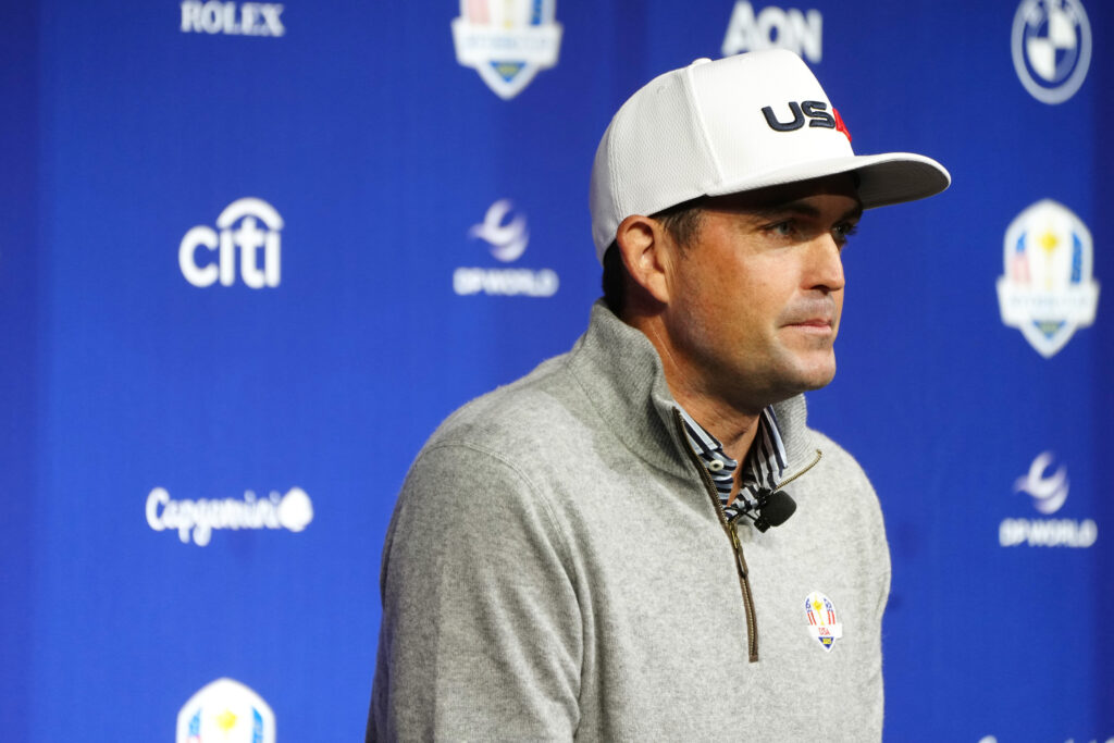 Keegan Bradley speaks to the media at an event marking one year until the 2025 Ryder Cup