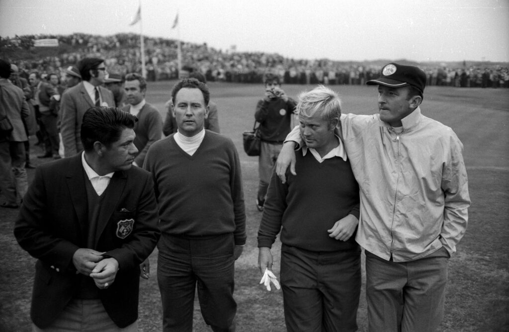 Jack Nicklaus walks with Lee Trevino, Billy Casper during the 1969 Ryder Cup