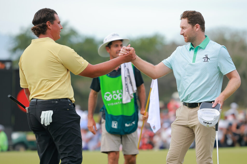 Aldrich Potgieter and Brian Campbell shake hands after the Mexico Open At VidantaWorld