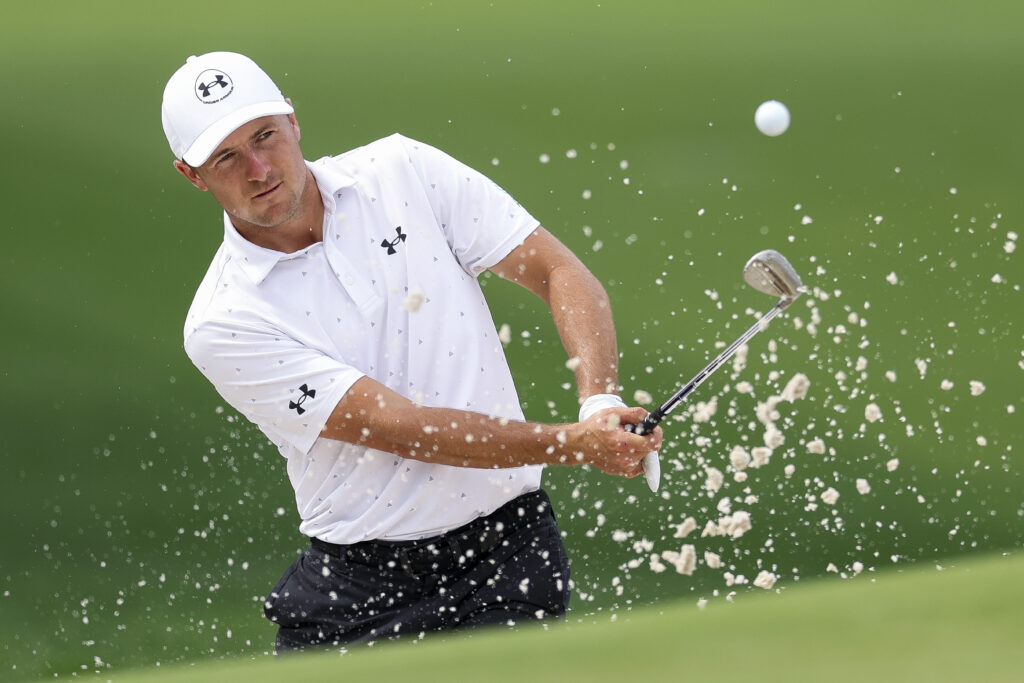 Jordan Spieth splashes out of a bunker during the second round of the 2025 PGA Championship