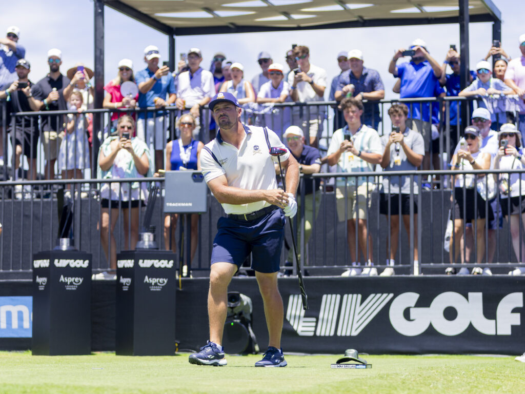 Bryson DeChambeau hits his tee shot during the second round of LIV Golf Dallas