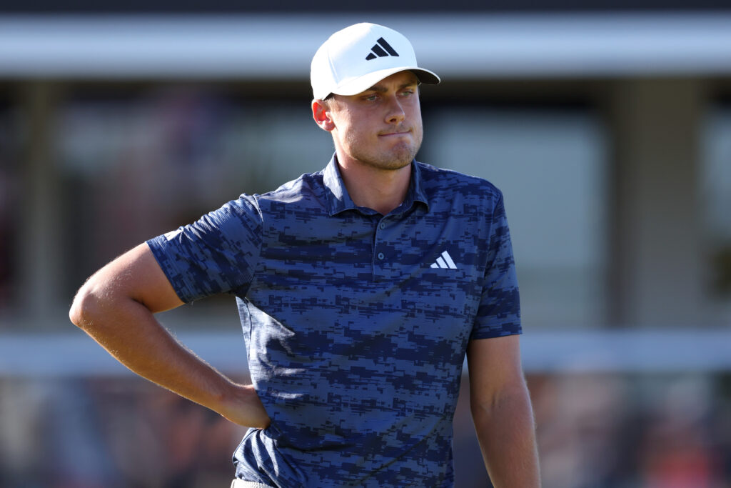 Ludvig Aberg looks on after a missed putt on 18 at the Scottish Open