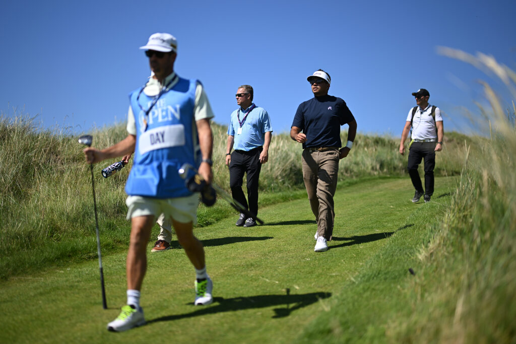 Jason Day walks off the tee during a practice round ahead of The Open Championship at Royal Portrush