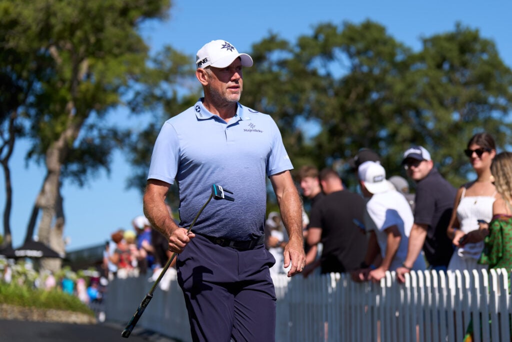 Lee Westwood walks to the practice area before the final round at LIV Golf Valderrama