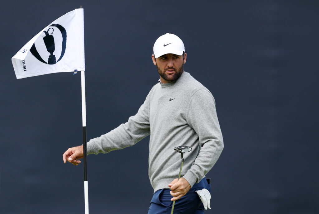 Scottie Scheffler looks on during a practice round prior to The Open Championship