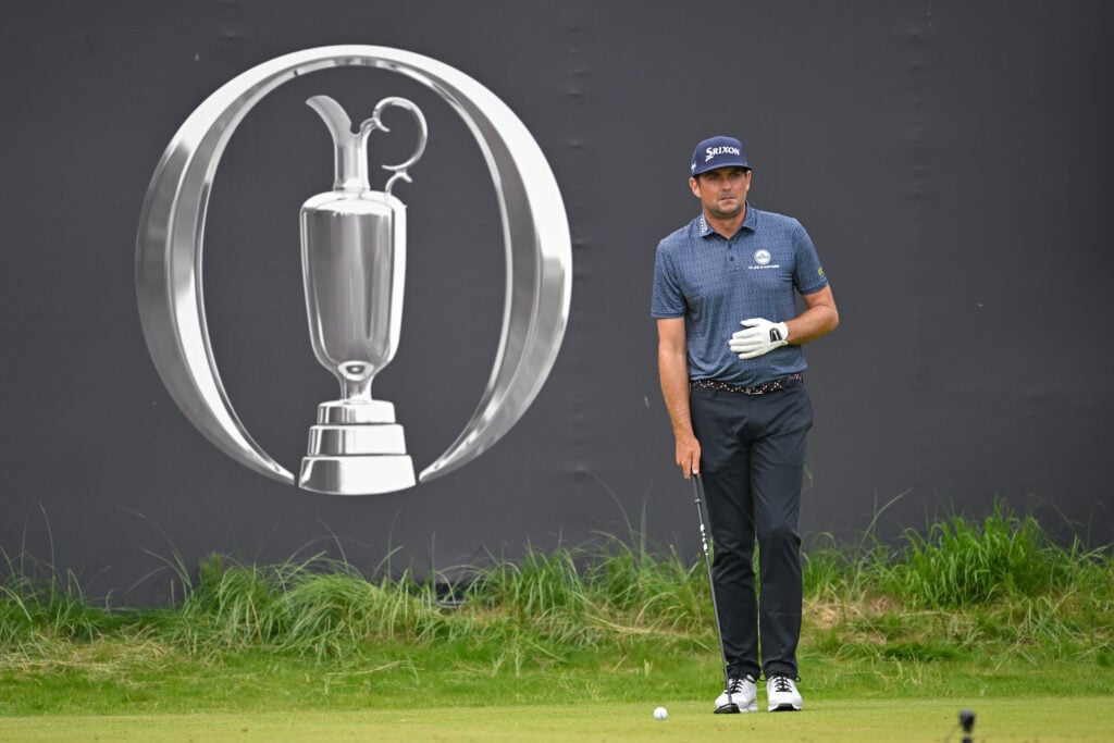 Keegan Bradley lines up his opening tee shot during the third round of The Open Championship at Royal Portrush
