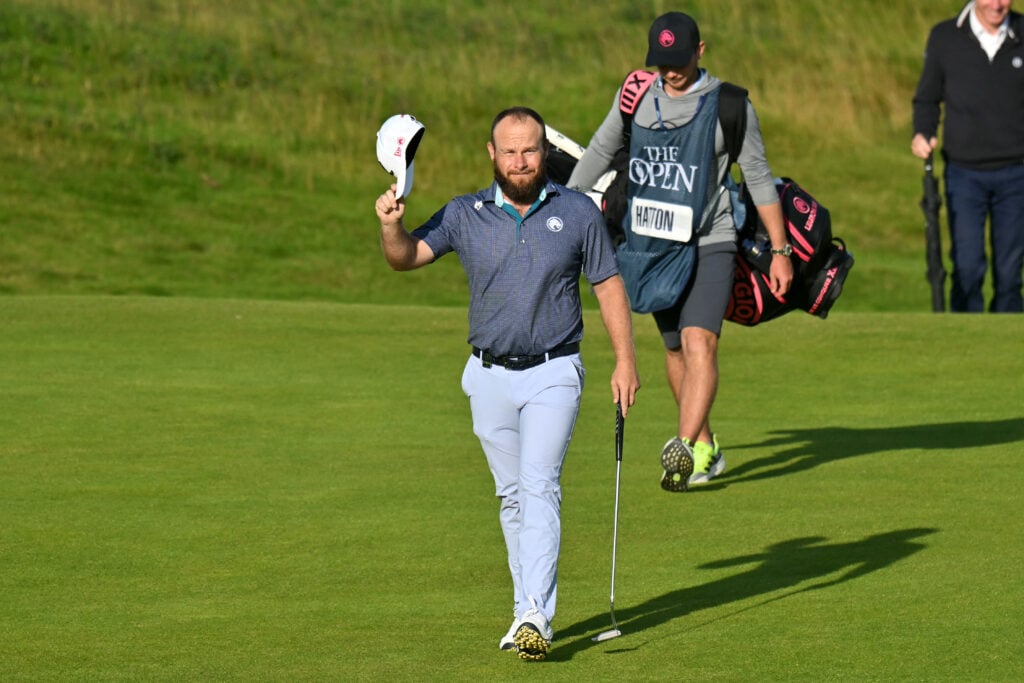 Tyrrell Hatton acknowledges the crowd during his third round at The Open Championship at Royal Portrush