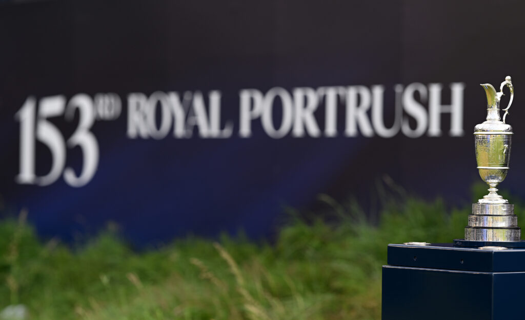 The Claret Jug trophy is seen during day one of The 153rd Open Championship at Royal Portrush
