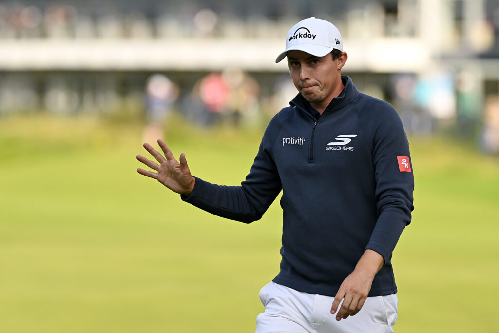 Matt Fitzpatrick acknowledges the crowd on the 18th green following his round during Day Two of The Open Championship
