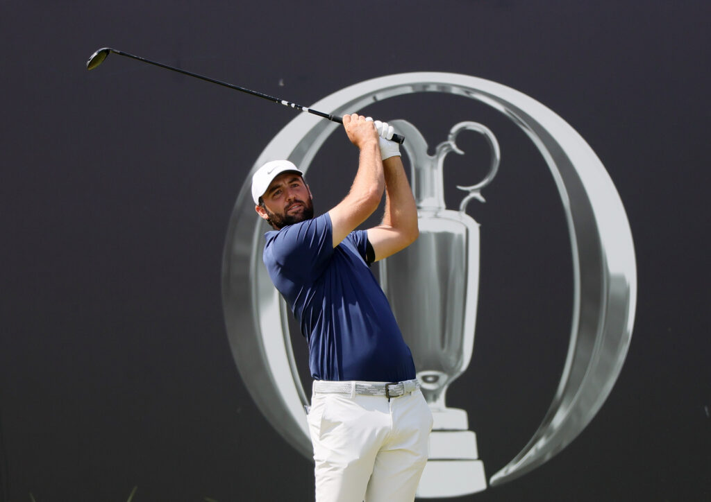 Scottie Scheffler hits his opening tee shot during the final round of The Open Championship at Royal Portrush