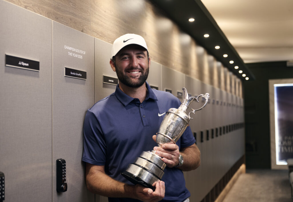 Scottie Scheffler holding the Claret Jug after winning The 153rd Open Championship