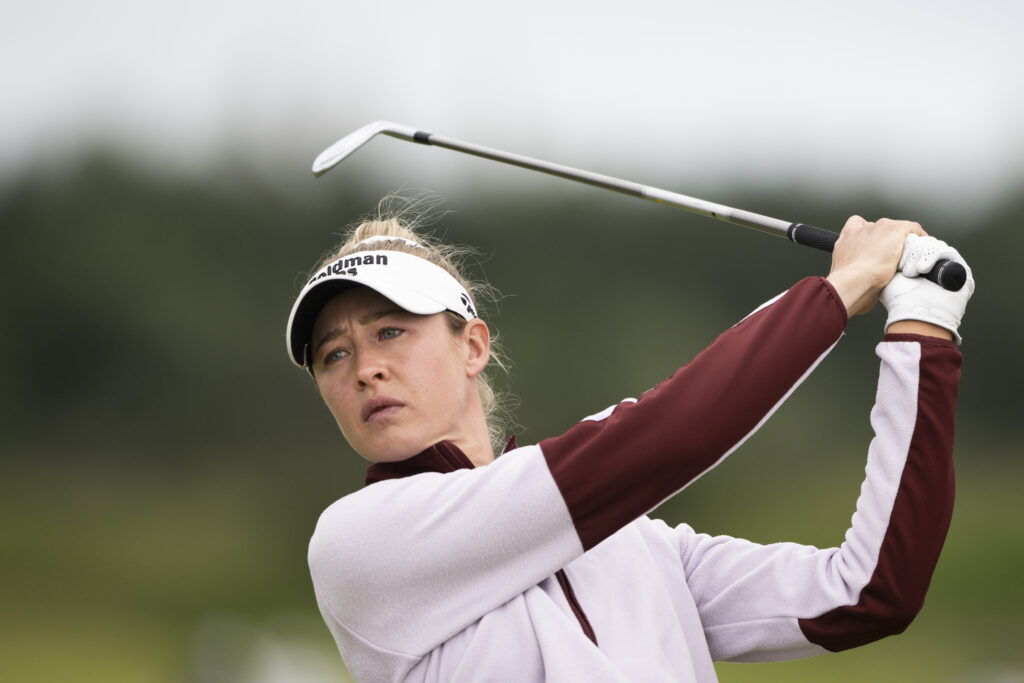 Nelly Korda hits her tee shot during the third round of the Women's Scottish Open at Dundonald Links