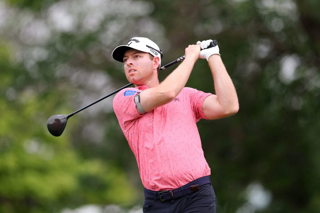 Max Greyserman hits a tee shot during the first round of the 3M Open at TPC Twin Cities