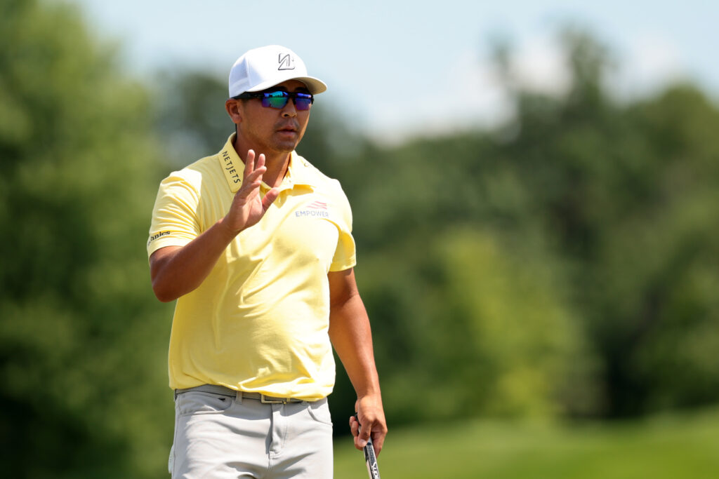 Kurt Kitayama reacts to his putt on the 16th green during the third round of the 3M Open 2025