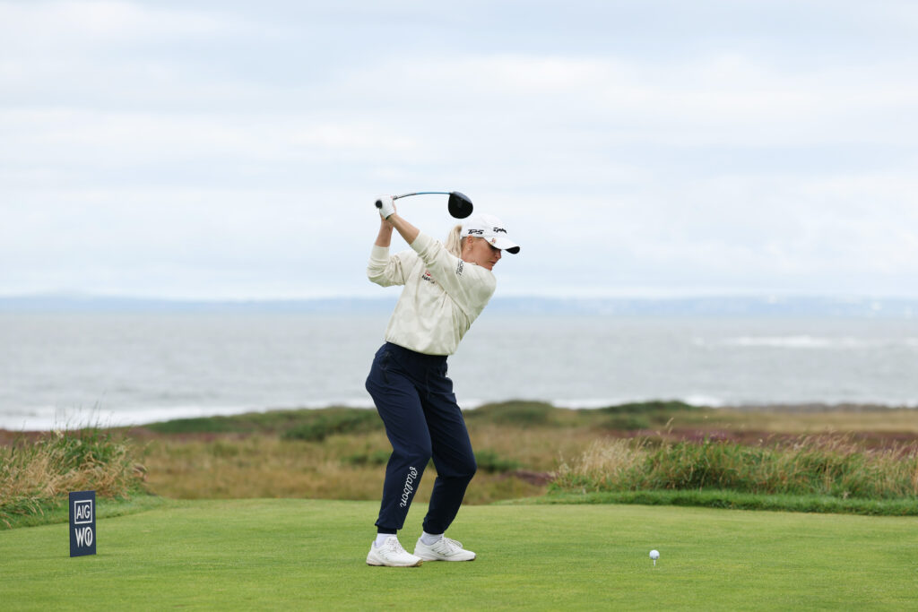 Charley Hull hits a tee shot in the first round of the AIG Women's Open at Royal Porthcawl
