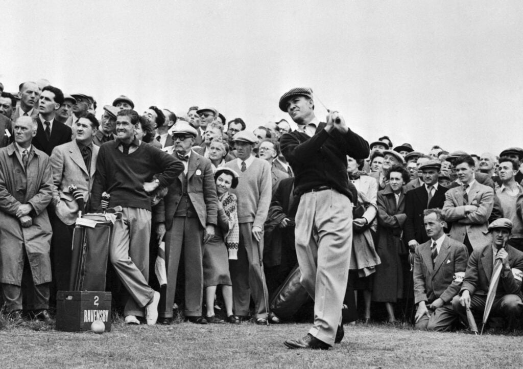 Ben Hogan hits a tee shot during the 1953 Open Championship at Carnoustie