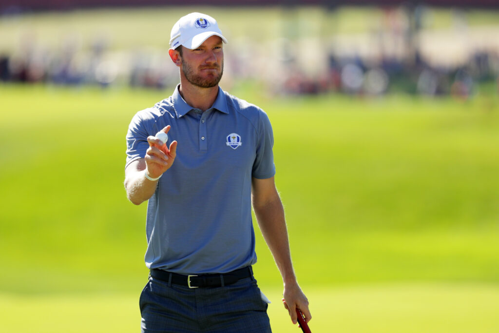 Chris Wood reacts on the second green during singles matches of the 2016 Ryder Cup
