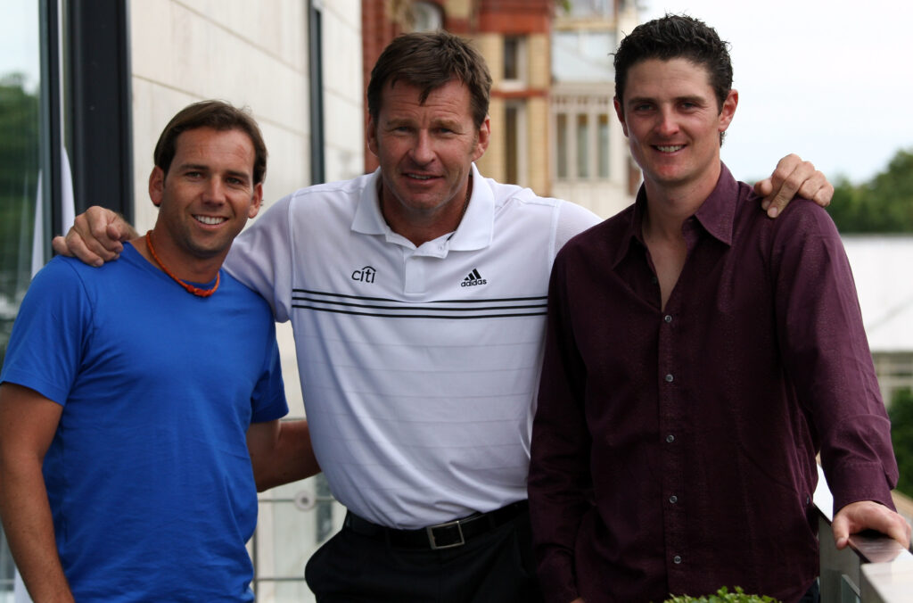 Sir Nick Faldo alongside Sergio Garcia and Justin Rose ahead of the 137th Open Championship at Royal Birkdale