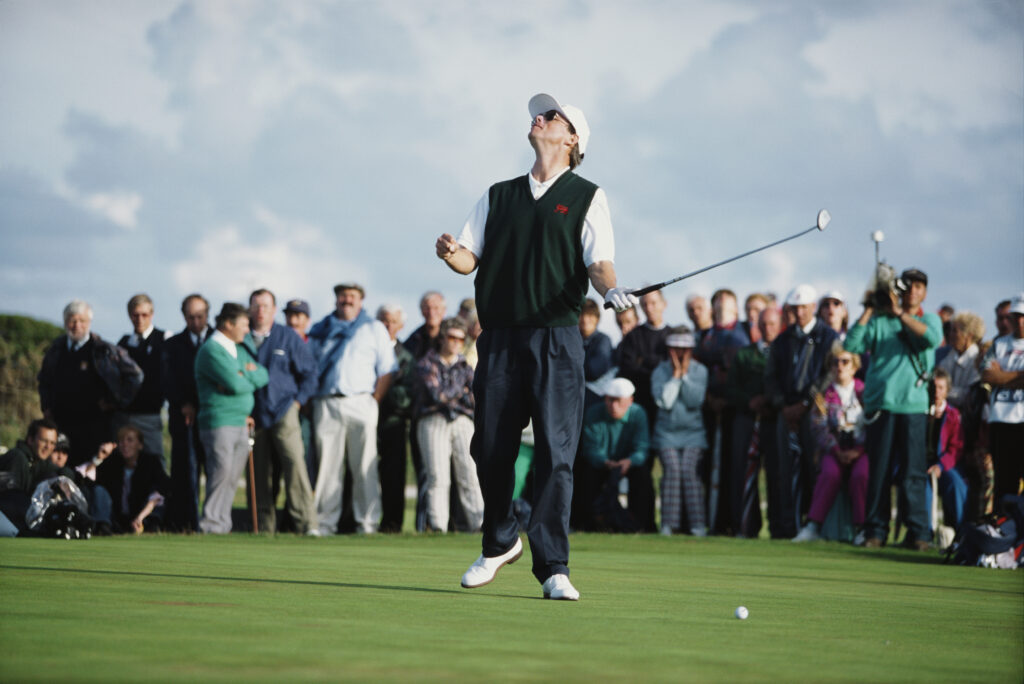 Gary Wolstenholme reacts to missing a putt against Tiger Woods at the 1995 Walker Cup