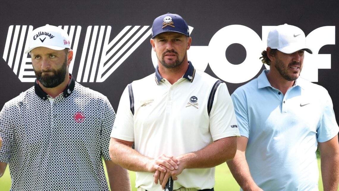 Composition image of Jon Rahm, Bryson DeChambeau, and Brooks Koepka with LIV GOLF sign behind them.