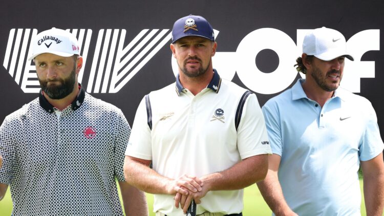Composition image of Jon Rahm, Bryson DeChambeau, and Brooks Koepka with LIV GOLF sign behind them.